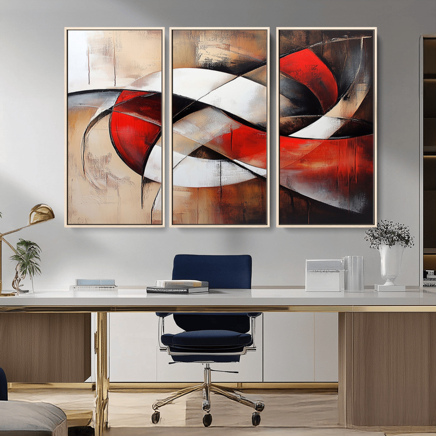 MGV-FC-48X32-3P - Abstract Wall Art - Modern Red and White Canvas Wall Art Print - Bold Geometric Abstract Canvas for