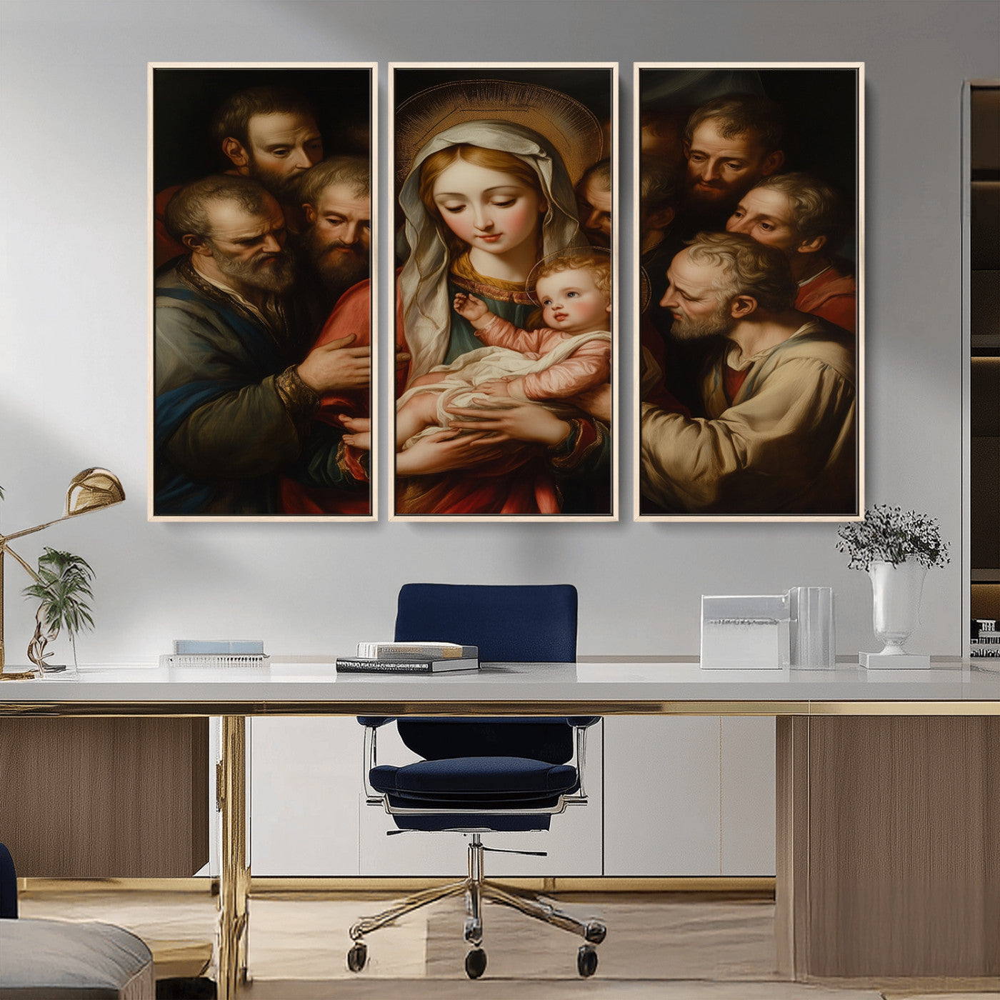 MGV-FC-48X32-3P - Religious Canvas Wall Art Print - Madonna and Child with Apostles Art Print - Classic Christian