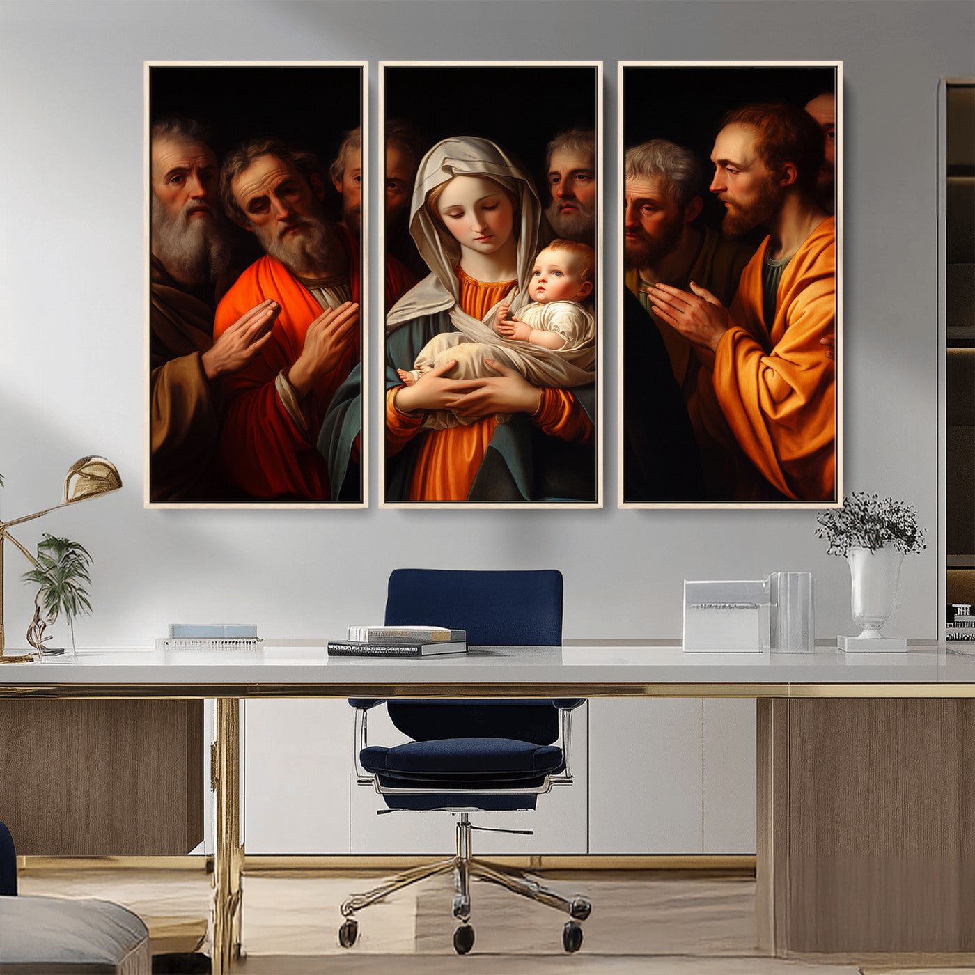 MGV-FC-48X32-3P - Religious Canvas Wall Art Print - Madonna and Child with Apostles Art Print - Classic Christian