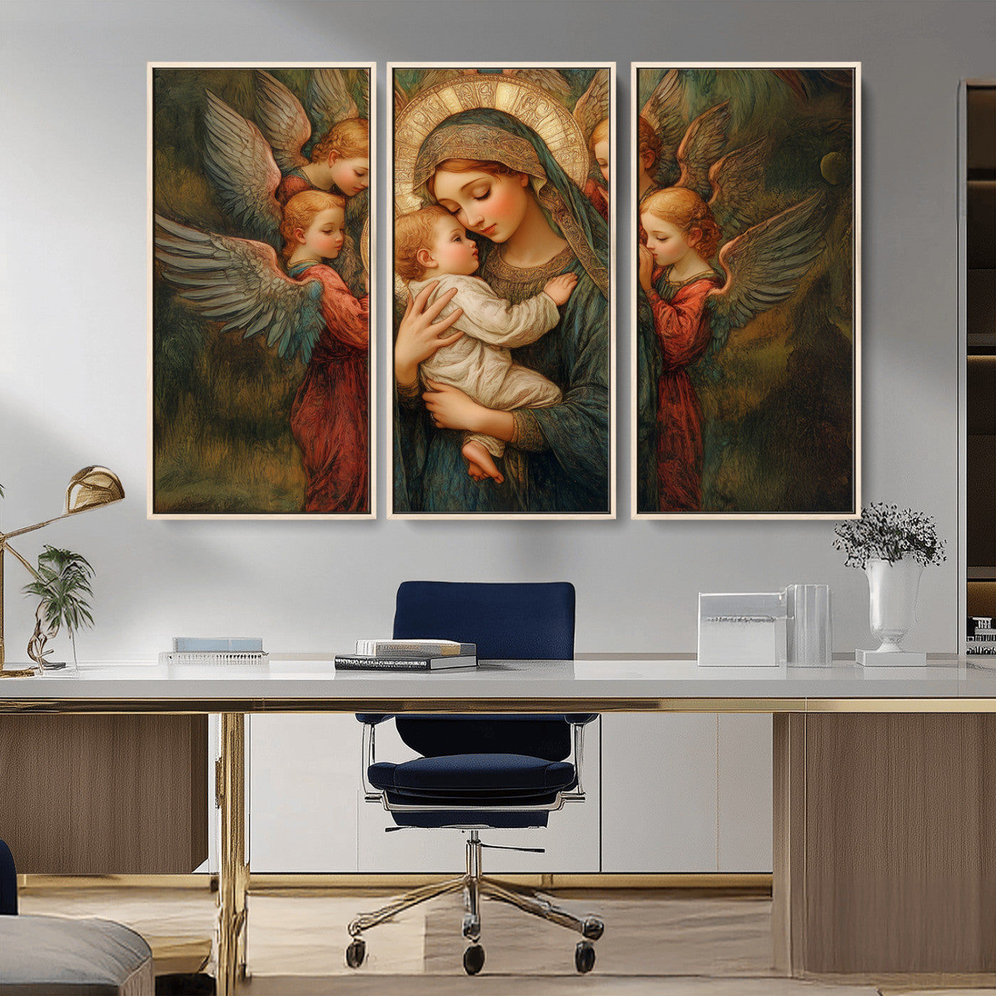 MGV-FC-48X32-3P - Mary Jesus Canvas Wall Art Print - Madonna and Child with Angels Art Print - Classic Christian