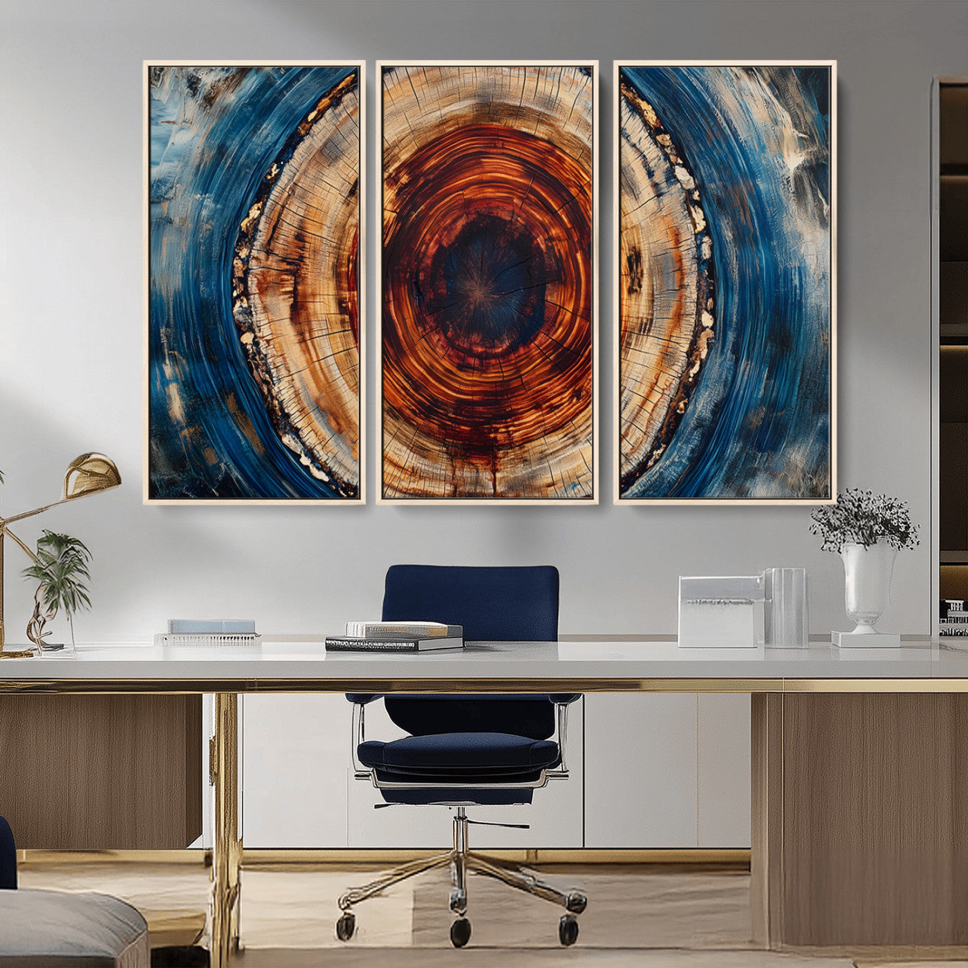 MGV-FC-48X32-3P - Abstract Framed Tree Rings Wall Decor, Wood Grain Rings Artwork Print, Nature Woodland Modern Wall