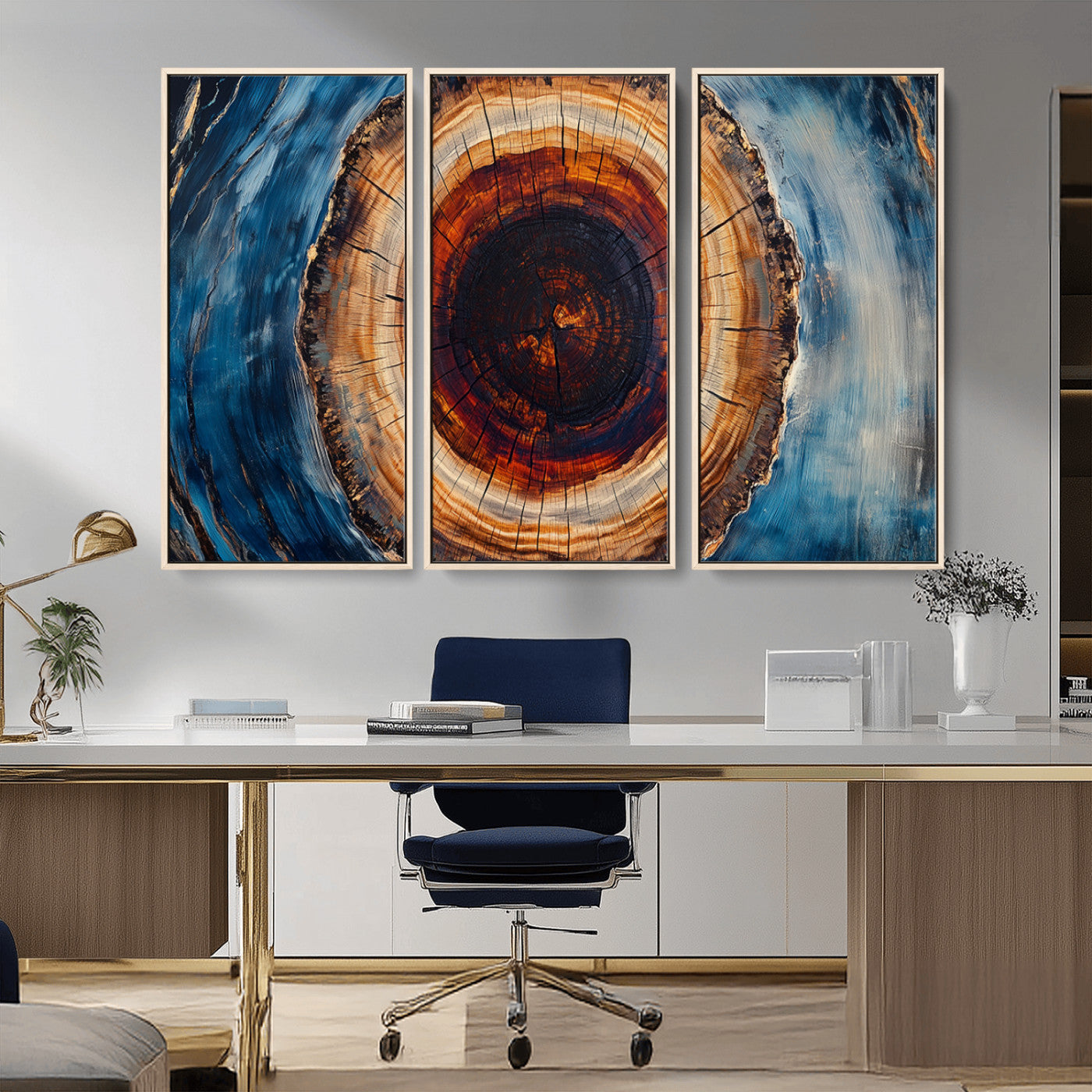MGV-FC-48X32-3P - Framed Abstract Tree Ring Wall Art Print, Natural Rustic Wood Texture Canvas Print, Wood Tree Stump
