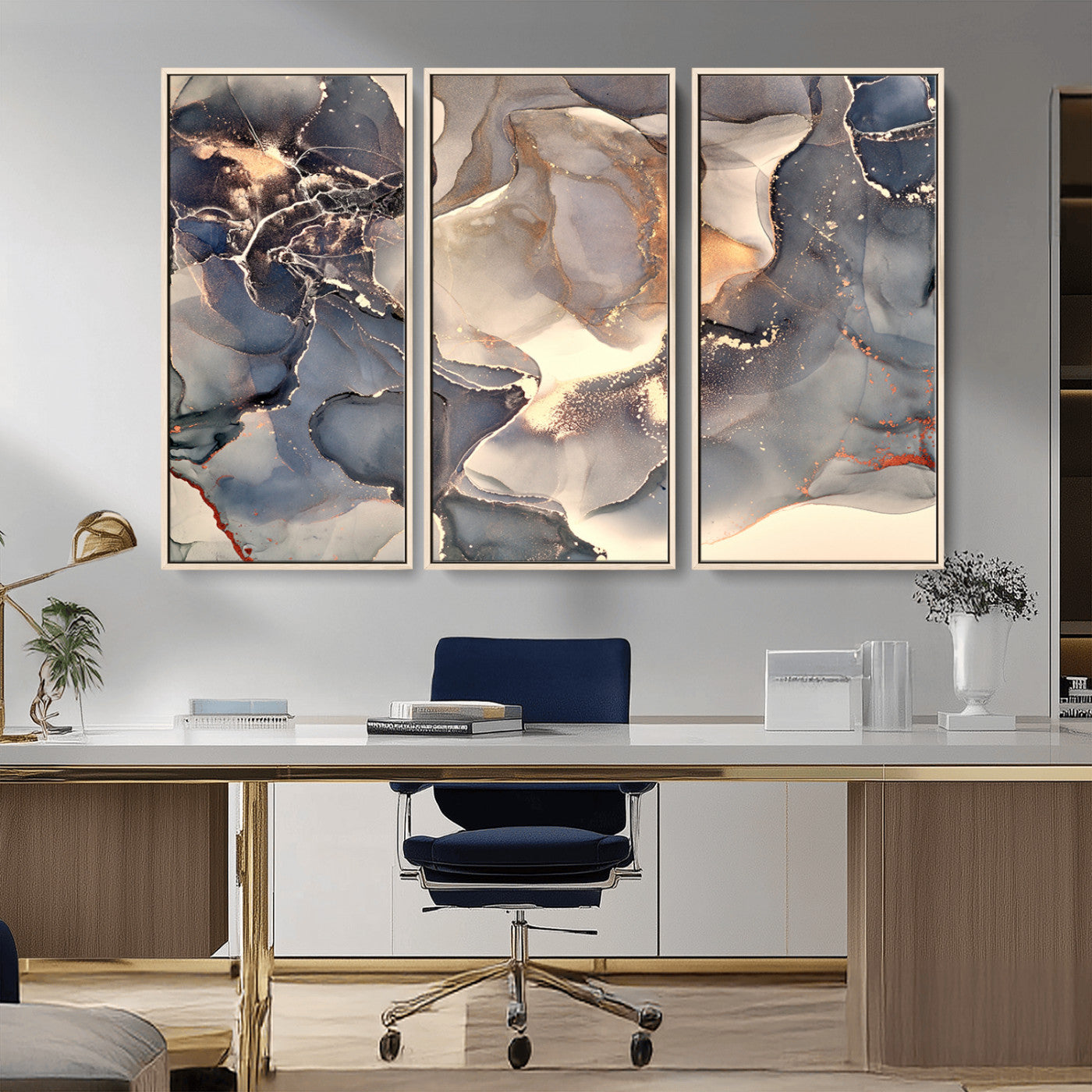 MGV-FC-48X32-3P - Abstract Blue and Gold Wall Art - Fluid Ink Artwork - Modern Luxury Wall Decor for Contemporary