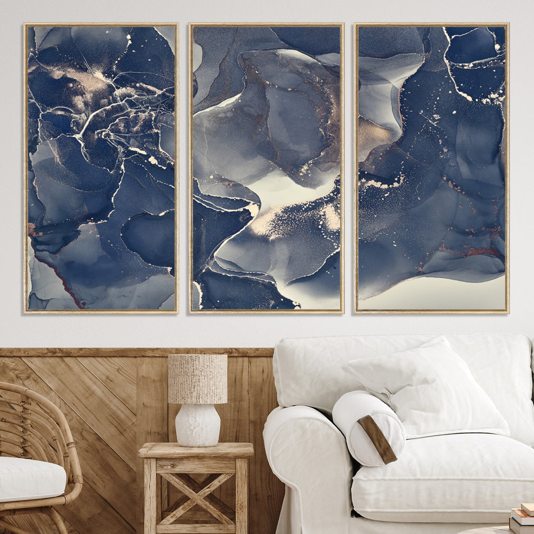 Large Abstract Blue and Gold Canvas Wall Art | Fluid Ink Artwork Print | Luxury Wall Decor for Contemporary Interiors | Framed Ready to Hang
