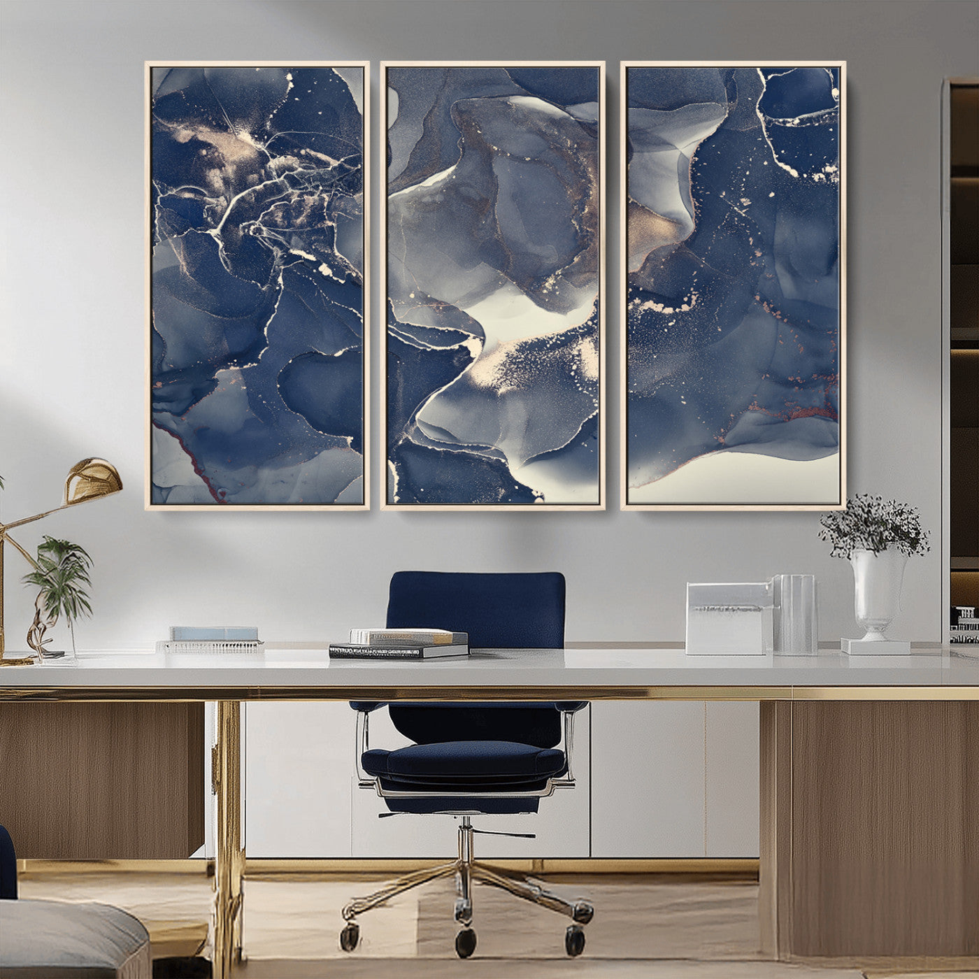 MGV-FC-48X32-3P - Large Abstract Blue and Gold Canvas Wall Art | Fluid Ink Artwork Print | Luxury Wall Decor for