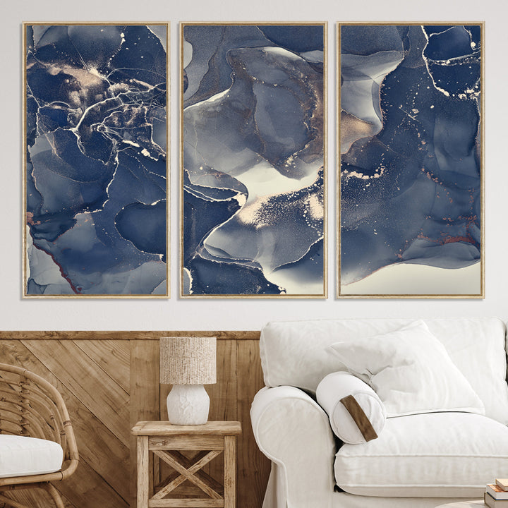 Large Abstract Blue and Gold Canvas Wall Art | Fluid Ink Artwork Print | Luxury Wall Decor for Contemporary Interiors | Framed Ready to Hang