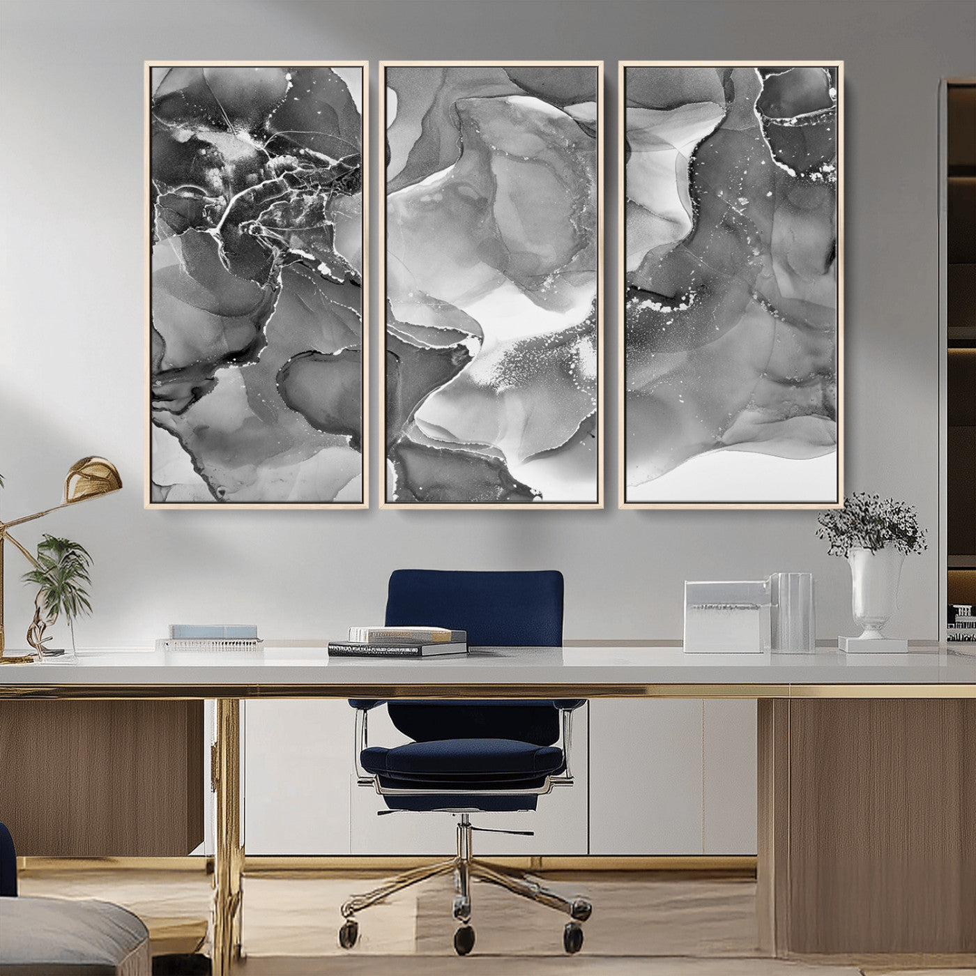 MGV-FC-48X32-3P - Black White Abstract Canvas Wall Art - Fluid Ink Artwork - Modern Luxury Wall Decor for Contemporary
