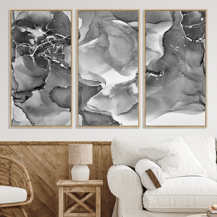 Black White Abstract Canvas Wall Art - Fluid Ink Artwork - Modern Luxury Wall Decor for Contemporary Interiors