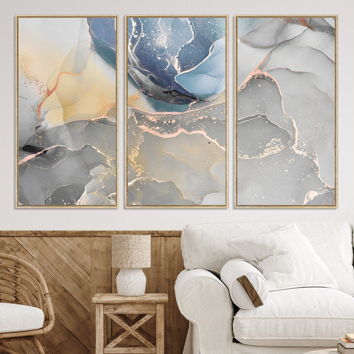 Large Abstract Blue and Gold Canvas Wall Art | Fluid Ink Artwork Print | Luxury Wall Decor for Contemporary Interiors | Framed Blue and Gold