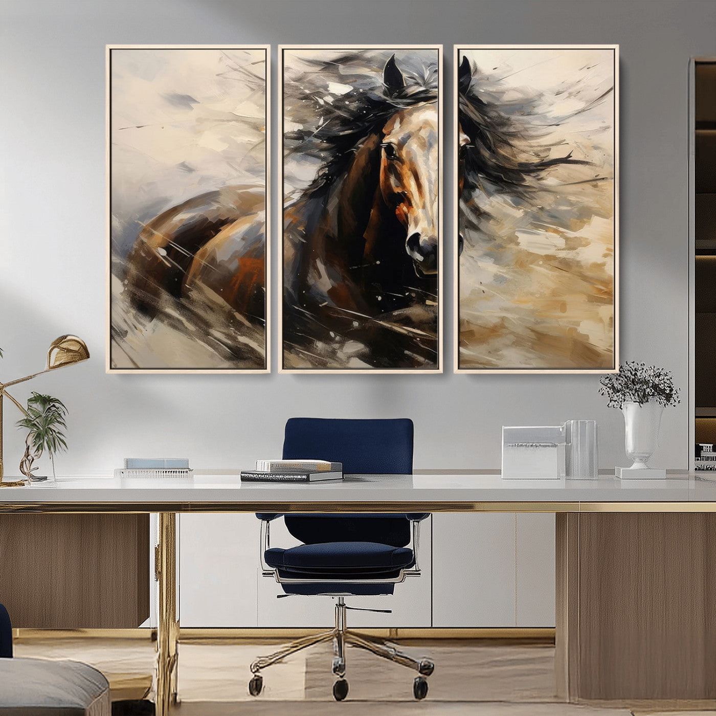 MGV-FC-48X32-3P - Abstract Wall Art Horse Print - Large Western Horse Canvas - Farmhouse Woodland Wall Art - Framed