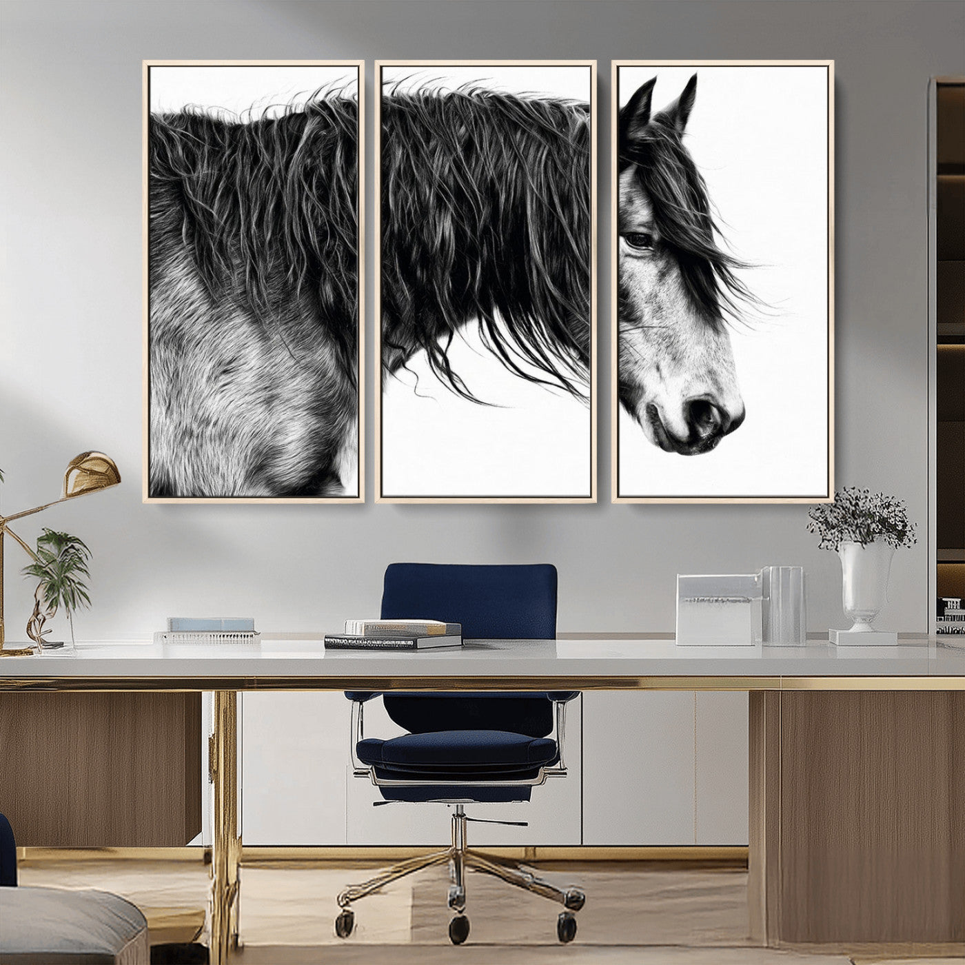 MGV-FC-48X32-3P - Black Horse Wall Art Canvas Print for Farmhouse Decor and Woodland Decoration