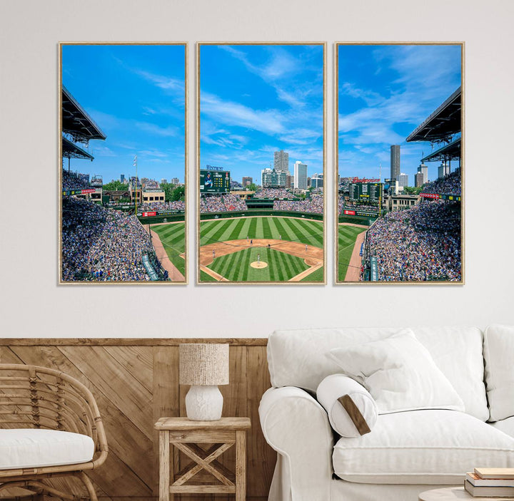 Panoramic view of Wrigley Field, ideal for the Wrigley Field Chicago Cubs Panoramic Canvas Wall Art - Ready to Hang.