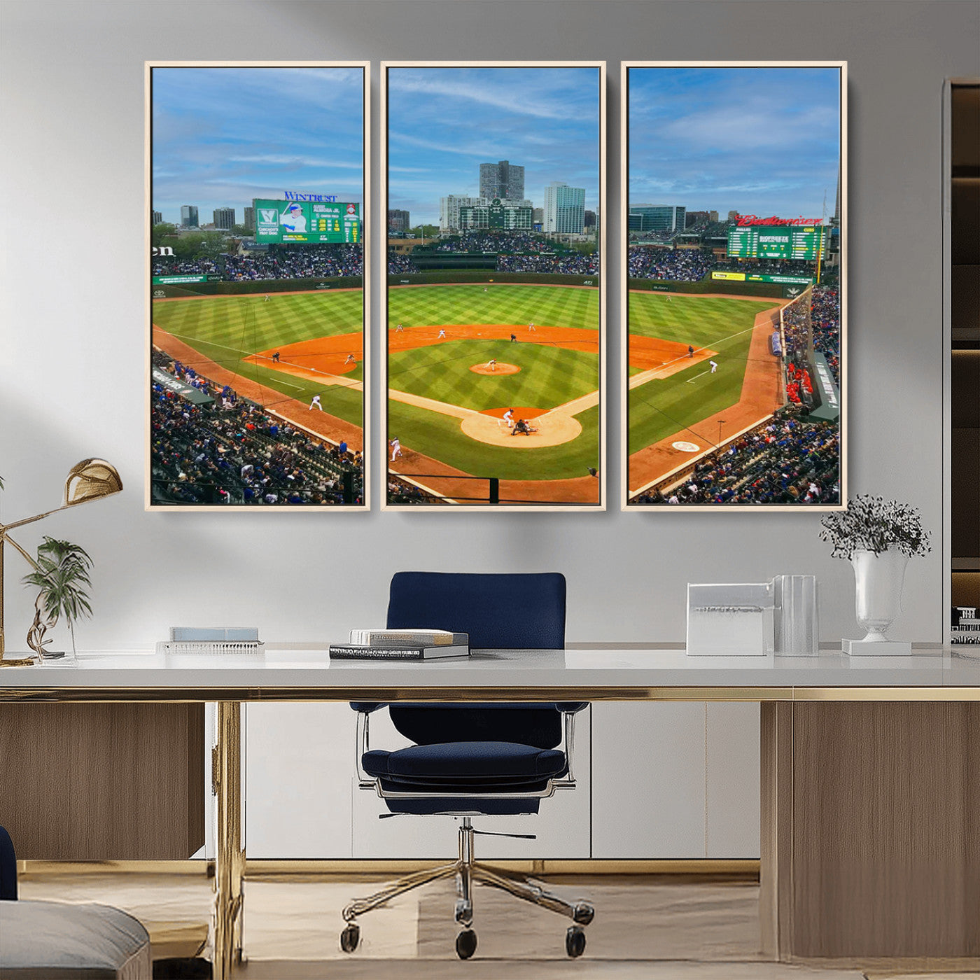 MGV-FC-48X32-3P - Wrigley Field Chicago Cubs Panoramic Multi Piece Canvas Wall Art - Iconic Baseball Stadium Print for