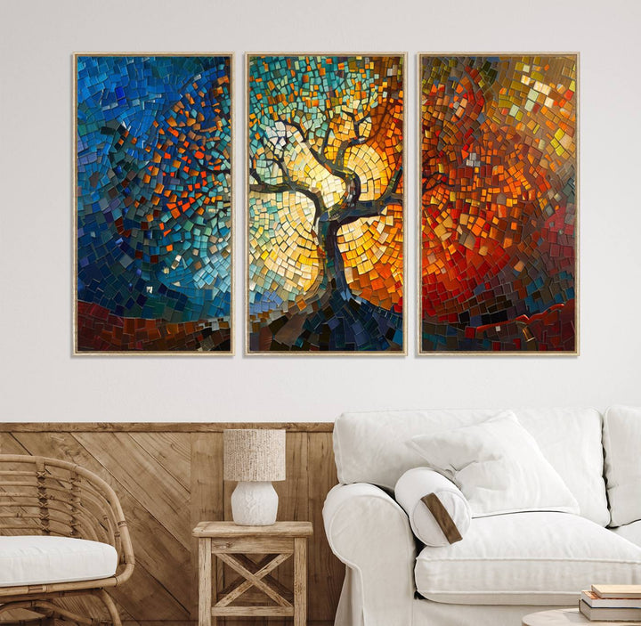 Mosaic Tree Canvas Wall Art: A stunning stained glass-inspired Tree of Life featuring blue and orange swirling patterns reminiscent of a sunburst.