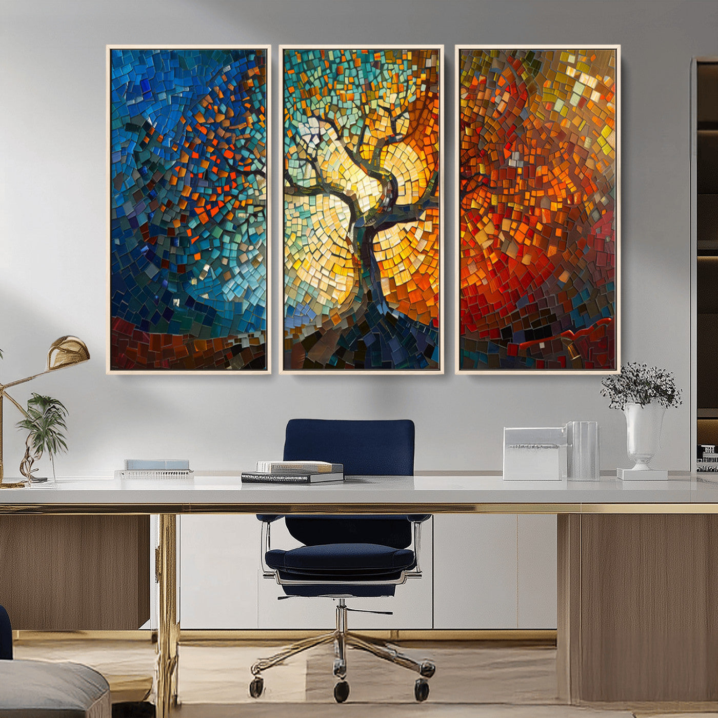 MGV-FC-48X32-3P - Mosaic Tree Canvas Wall Art Canvas Print – Vibrant Stained Glass-Inspired Tree of Life - Ready to