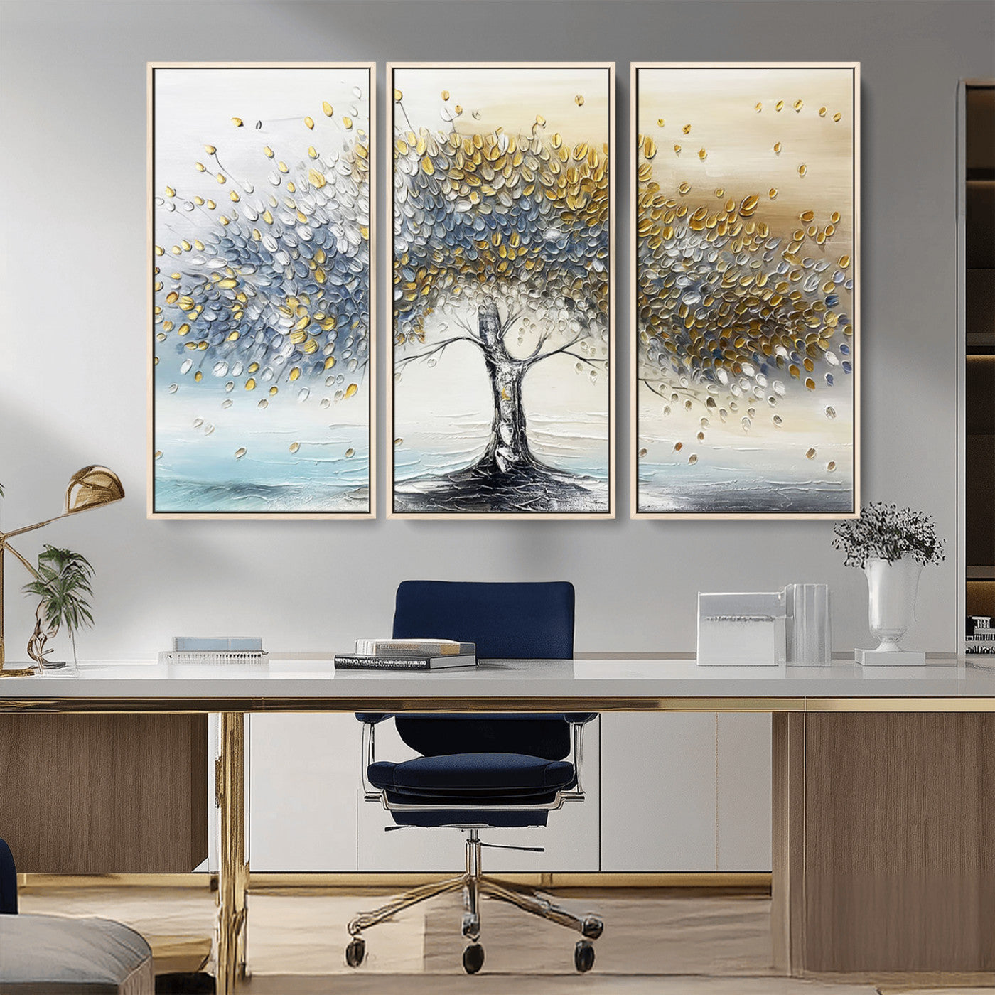An elegant impasto painting featuring a tree with shimmering silver and gold leaves, blending soft pastels to create a calm and sophisticated atmosphere.