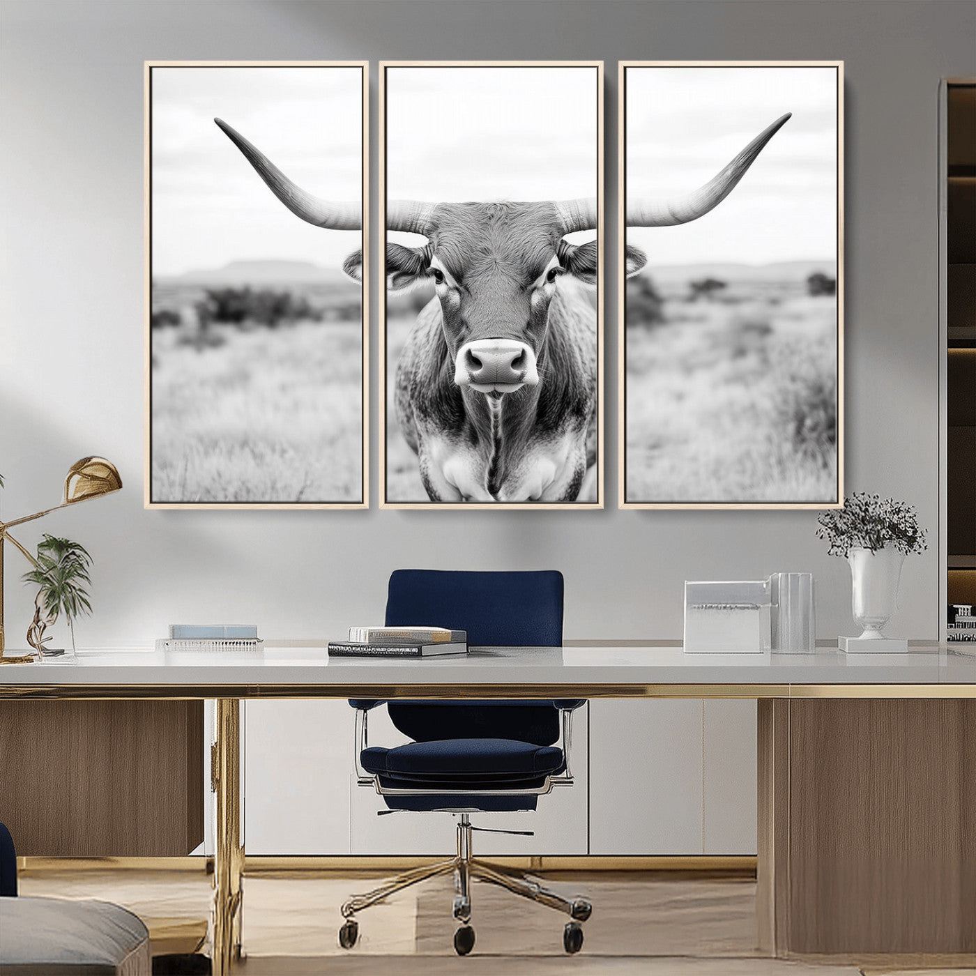 MGV-FC-48X32-3P - Highland Cow Wall Art Print - Black and White Texas Western Longhorn Canvas - Farmhouse Decor Print