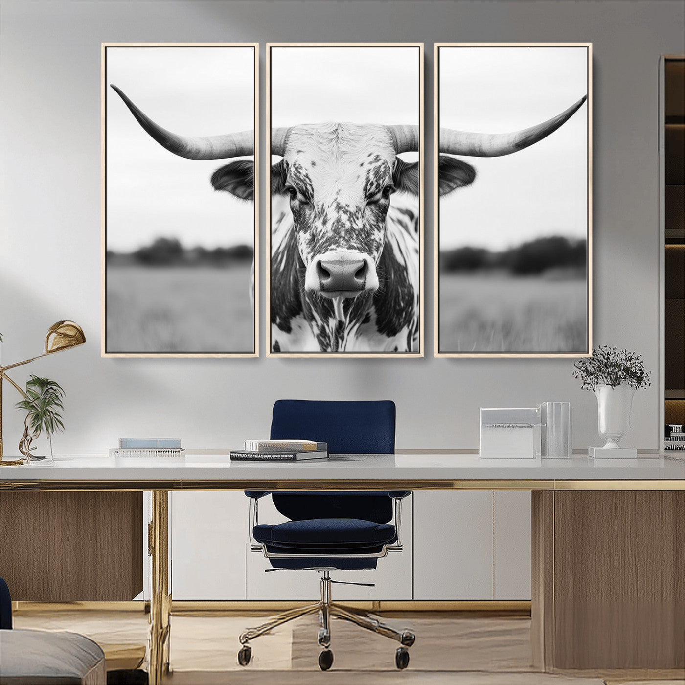 MGV-FC-48X32-3P - Highland Cow Wall Art - Black and White Western Longhorn Canvas Print - Farmhouse Living Room Decor