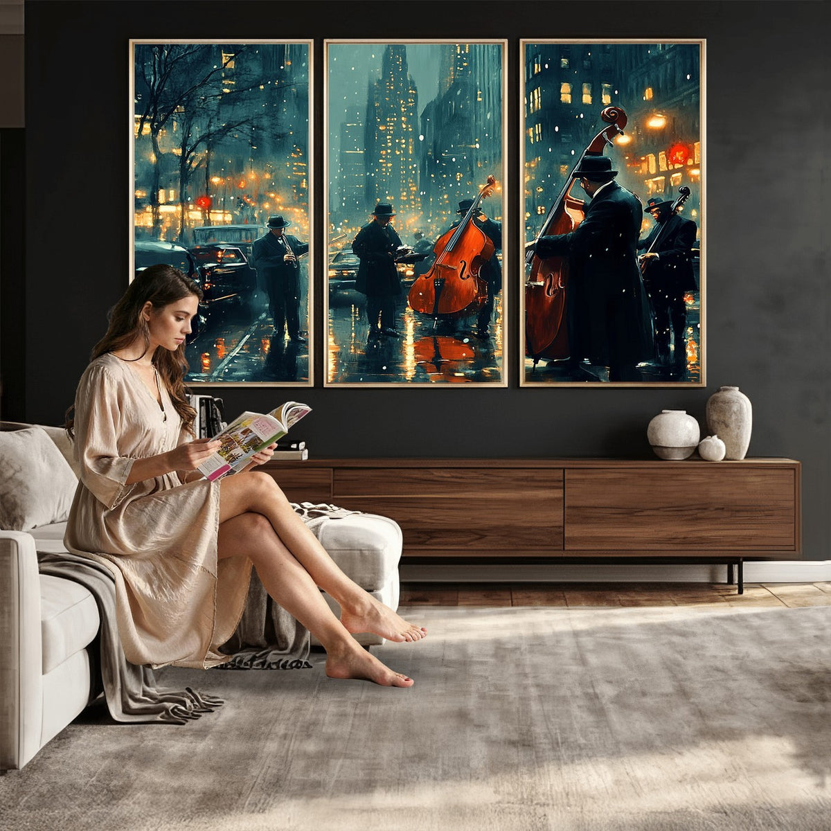 53391-MGV-CV-24X16 - Urban Night Jazz Wall Art Canvas Print | Moody Rain Soaked City Street Band Scene