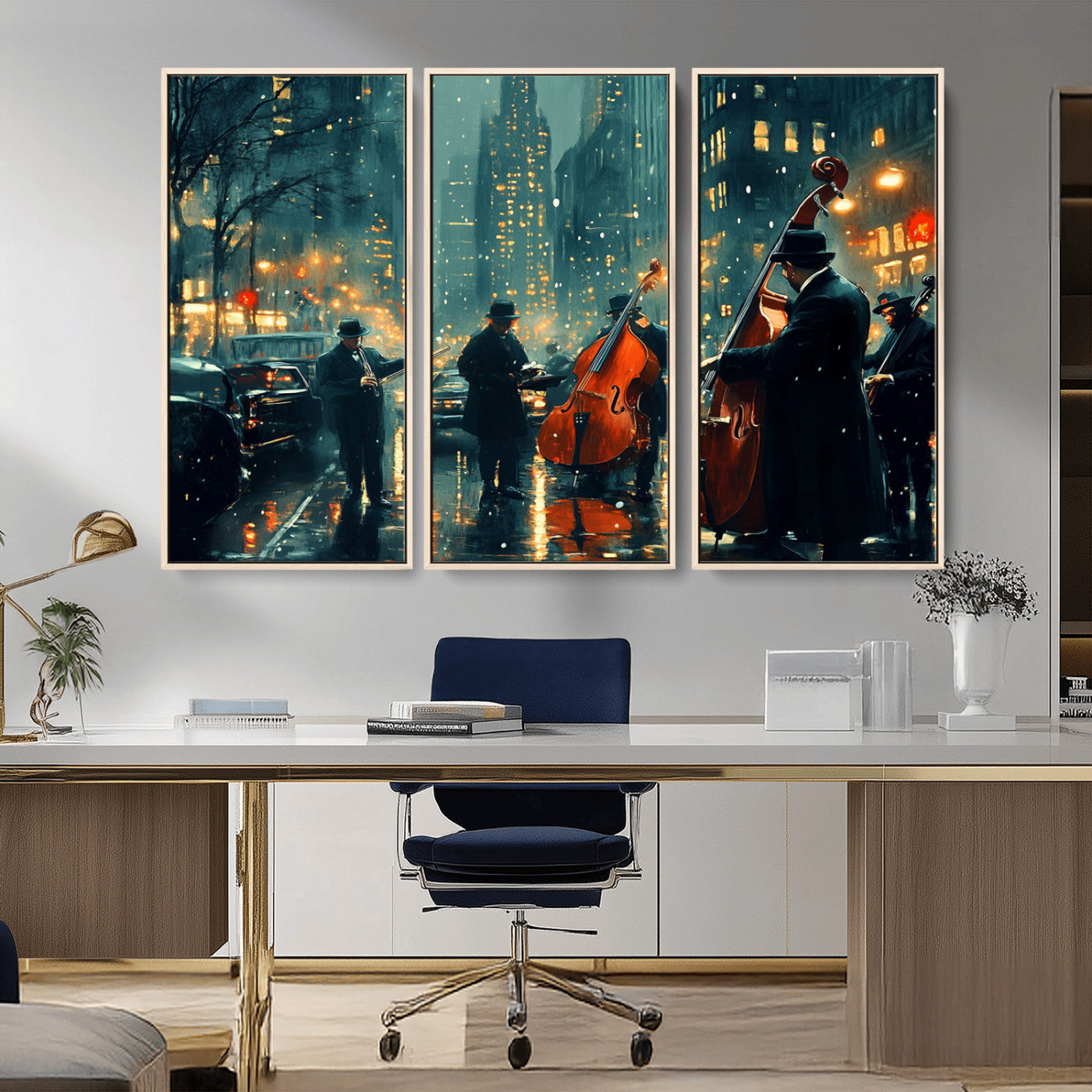 Urban Night Jazz Wall Art Canvas Print | Moody City Street Scene