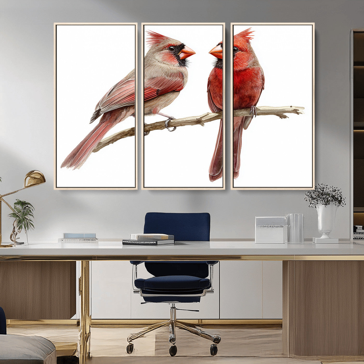 MGV-FC-48X32-3P - Cardinal Bird Canvas Wall Art - Male and Female Cardinal Print - Abstract Bird Wall Decor for Home -