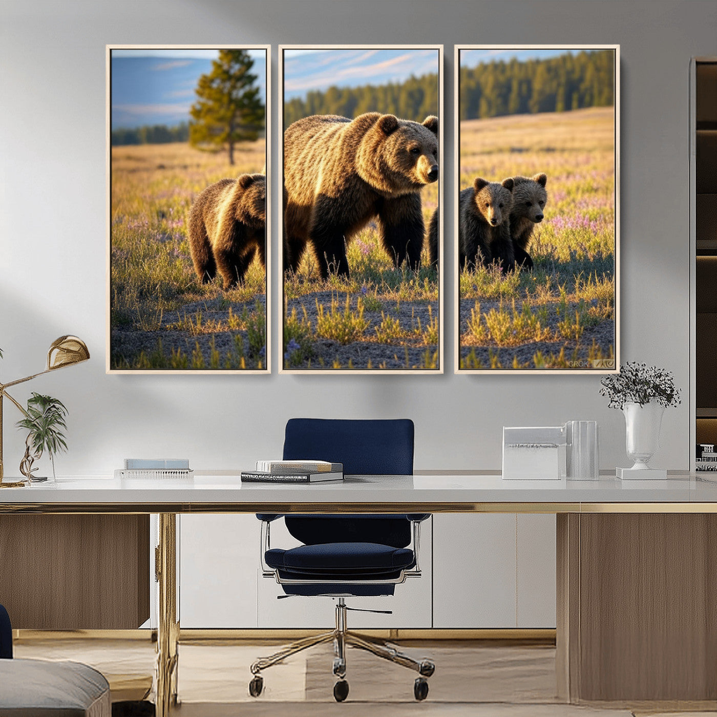 MGV-FC-48X32-3P - Grizzly 399 in Wild Flowers Wall Art Canvas Print, Grizzly Bears Wall Art, Queen of Grand Teton