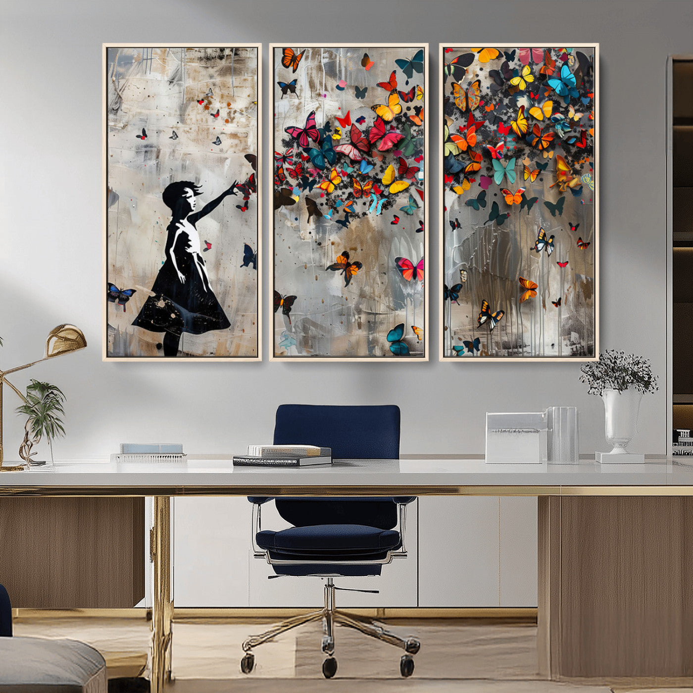 MGV-FC-48X32-3P - Banksy Butterfly Girl Wall Art | 3-Piece Butterfly Girl Canvas