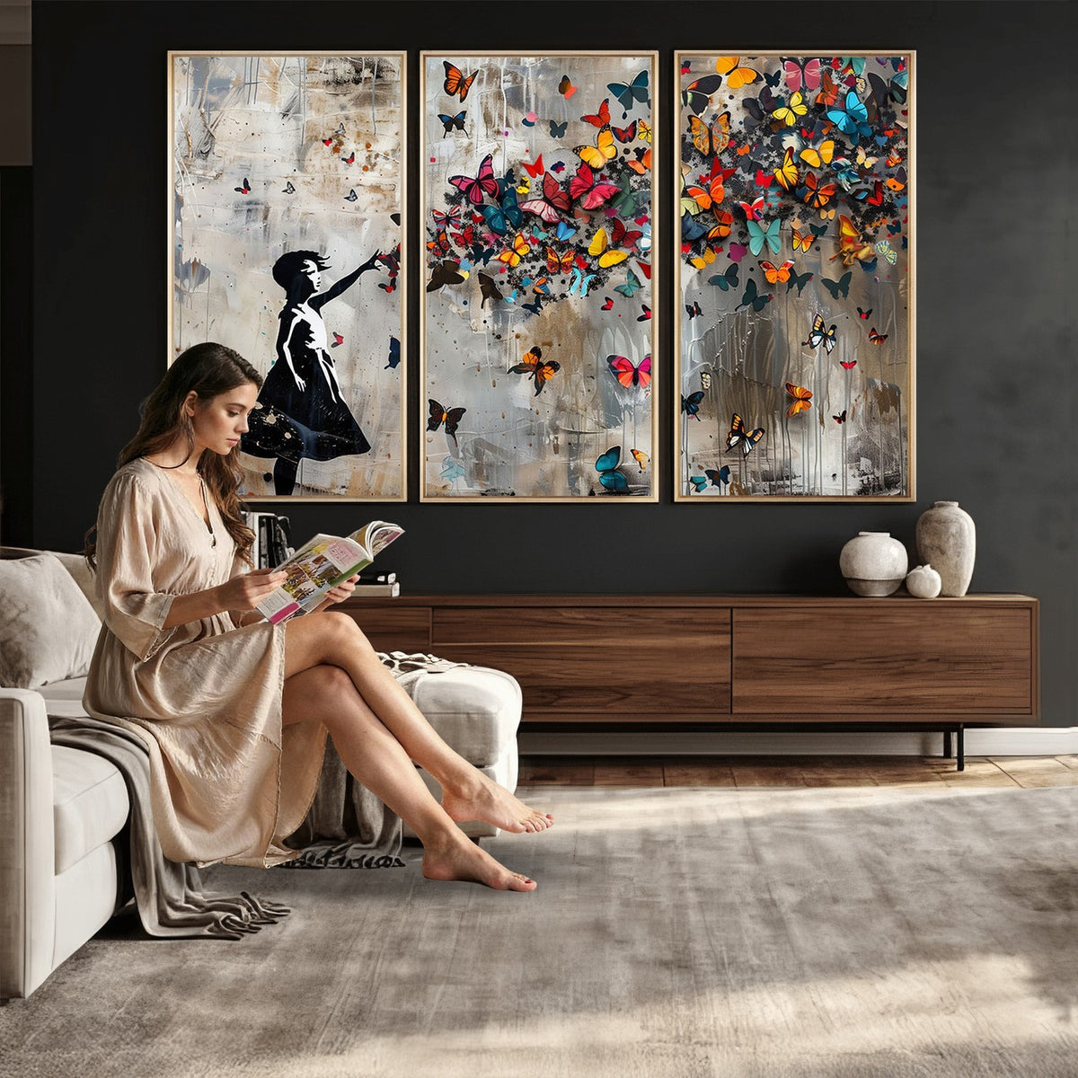 51446D-MGV-CV-24X16 - Banksy Butterfly Girl Wall Art | Modern Graffiti Canvas Print, Street Art Decor