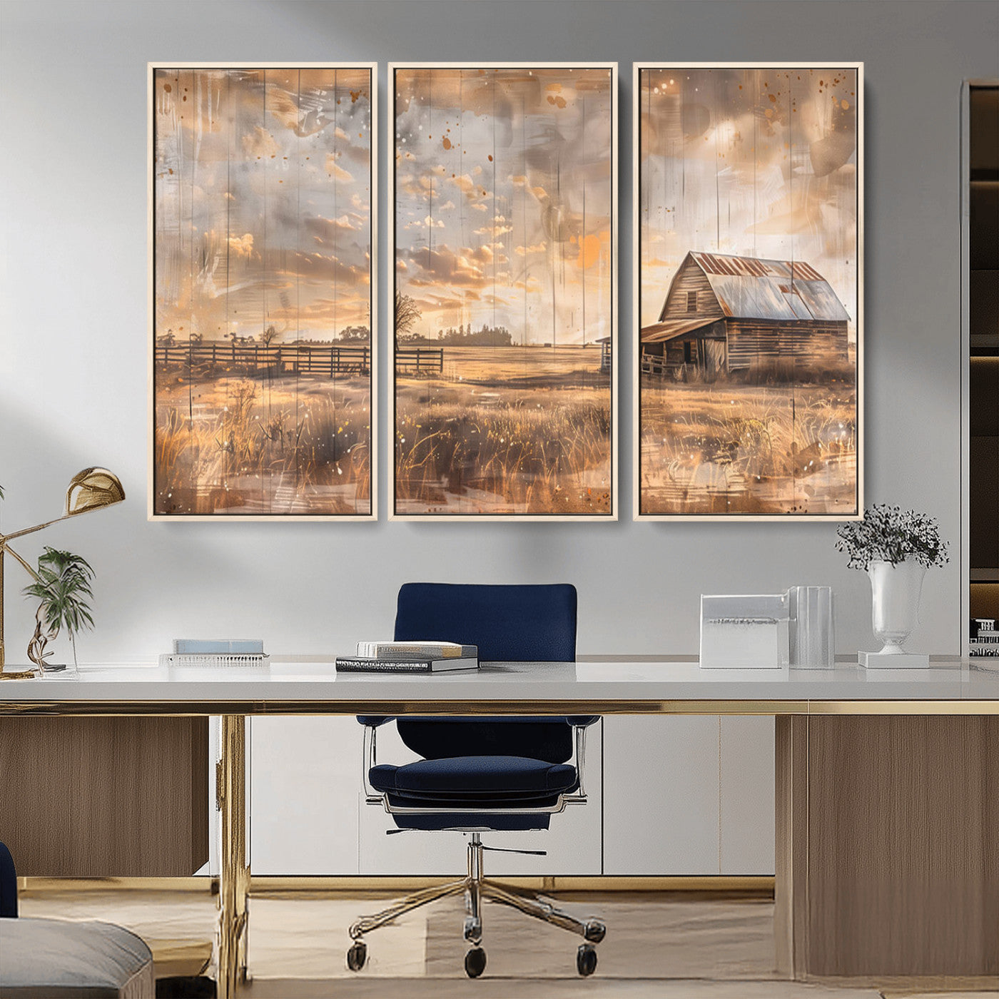 MGV-FC-48X32-3P - Rustic Farmhouse Wall Art Canvas Print | Barn and Field Canvas Print | Vintage Country Landscape
