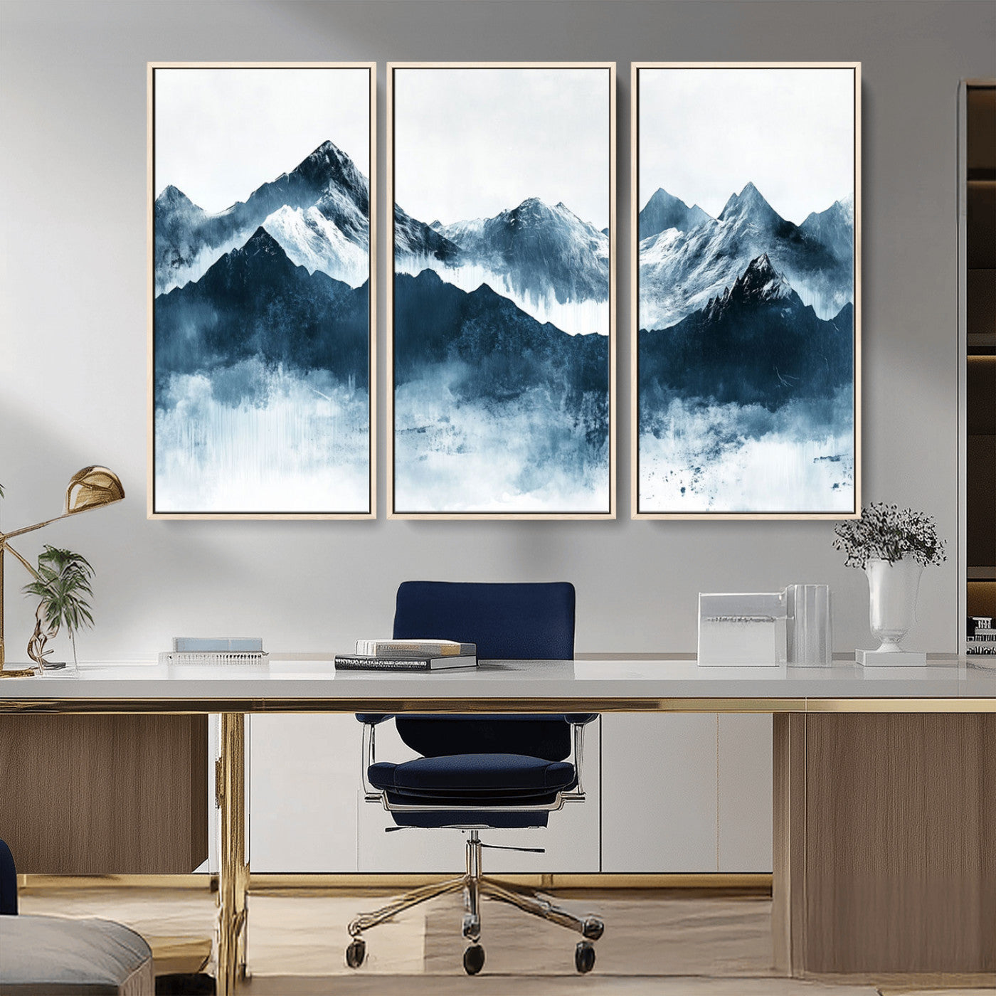 Abstract blue-toned canvas of snowy mountains in misty tones, ideal for minimalist or moody alpine-inspired home decor.