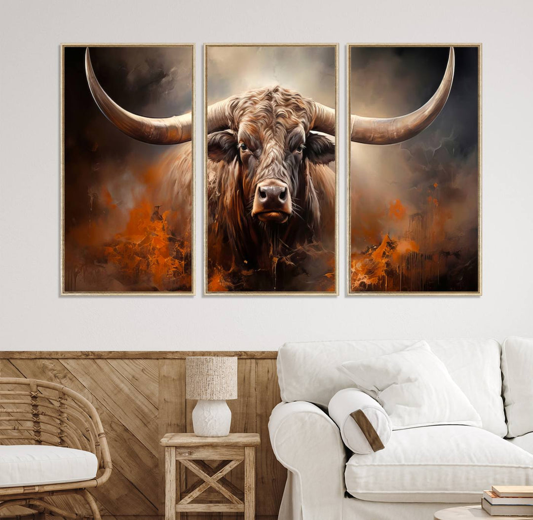 A Highland Bull with striking horns is depicted in a fiery abstract style on a ready-to-hang wall art canvas, evoking strength.