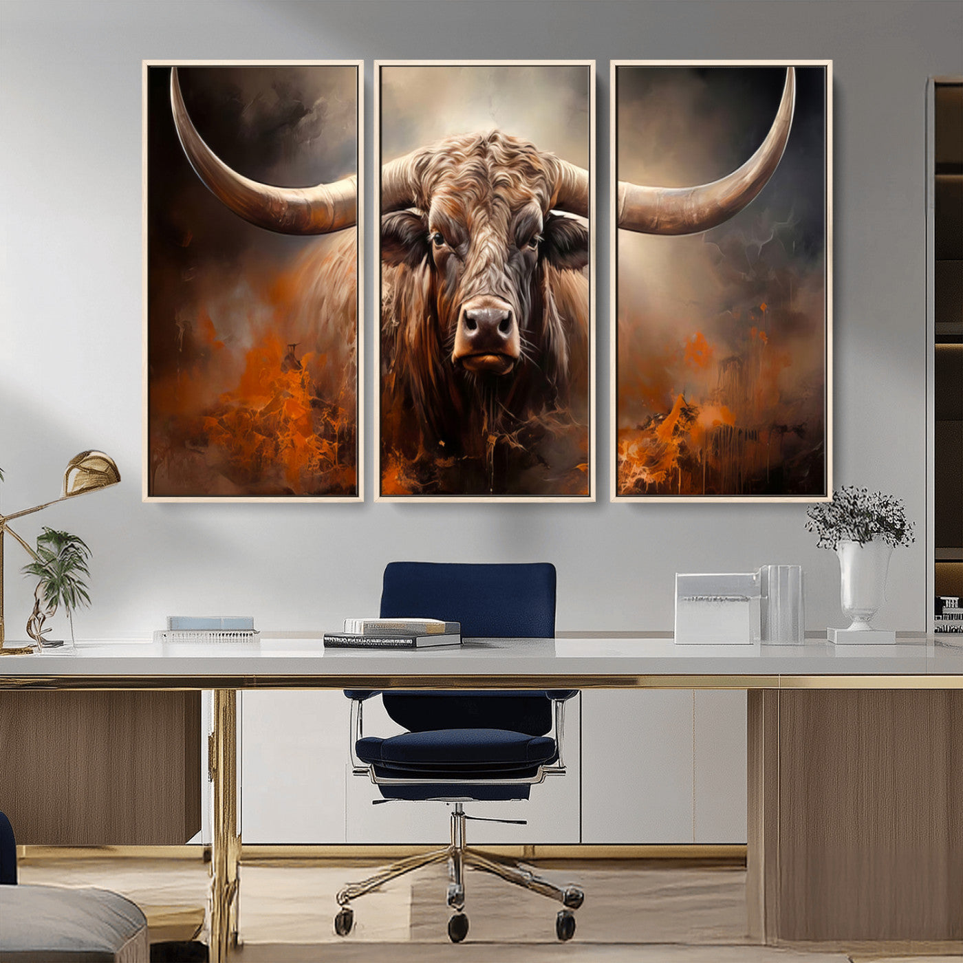 MGV-FC-48X32-3P - Highland Bull Canvas Abstract Canvas Wall Art Print – Powerful Highland Bull with Striking Horns in