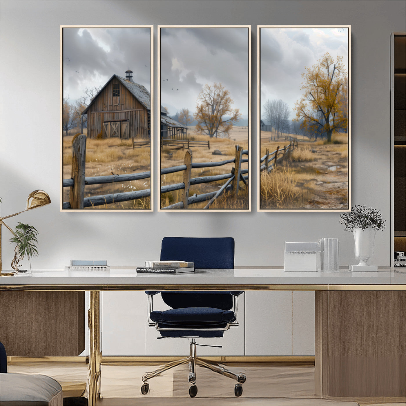 MGV-FC-48X32-3P - Rustic Autumn Farmhouse Wall Art Canvas Print – Serene Countryside Scene with Weathered Barn and