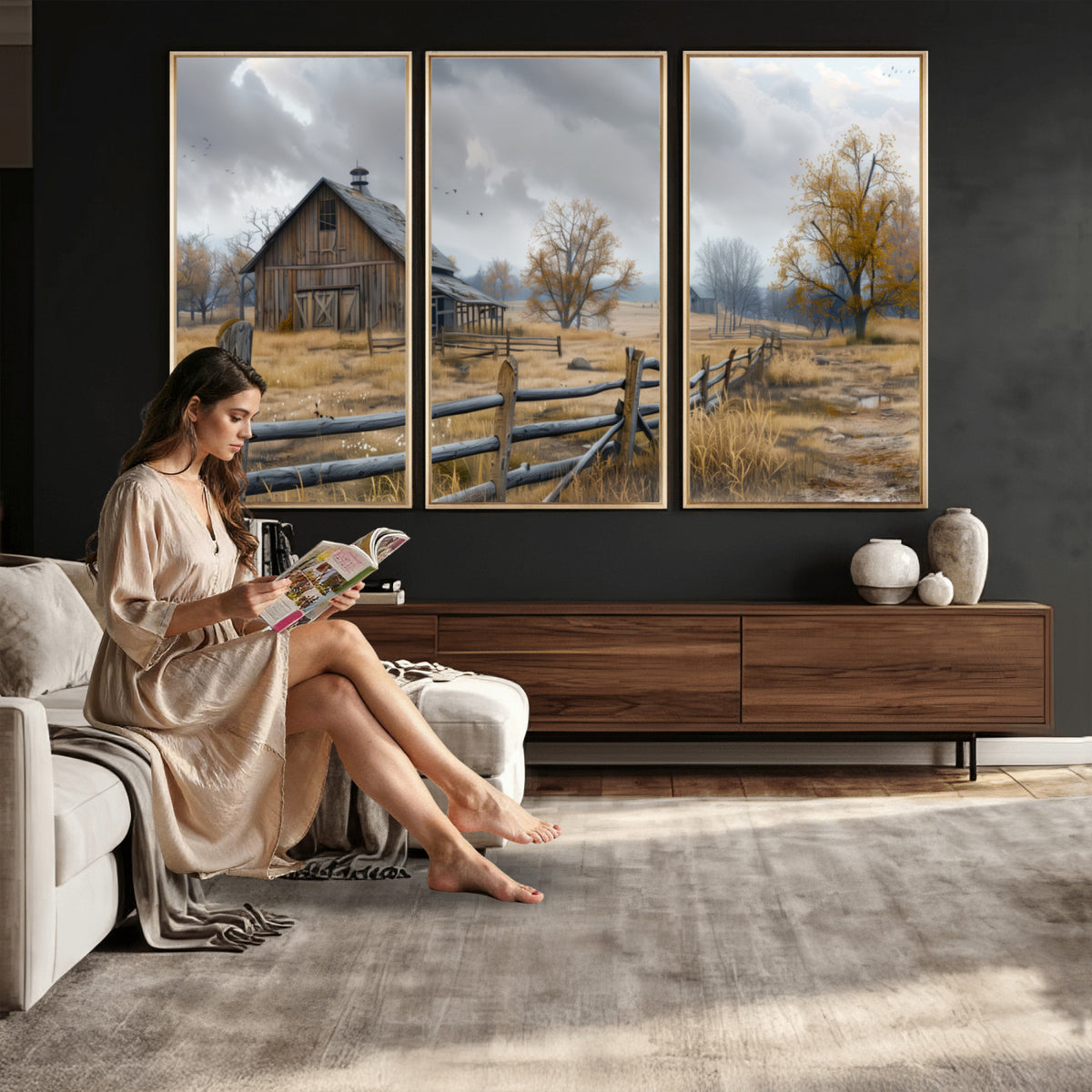 Farm1-MGV-CV-36X24 - Rustic Autumn Farmhouse Wall Art Canvas Print | Serene Countryside with Weathered Barn
