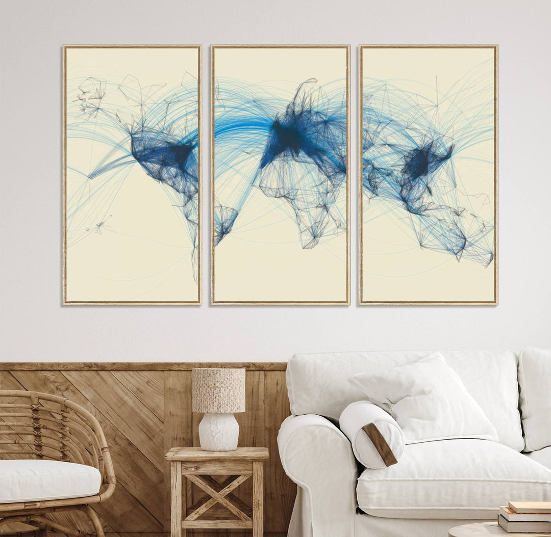 Flight Routes Map: Air Traffic Avi World Map featuring blue lines symbolizing global data. Ideal for home decor and ready to hang.