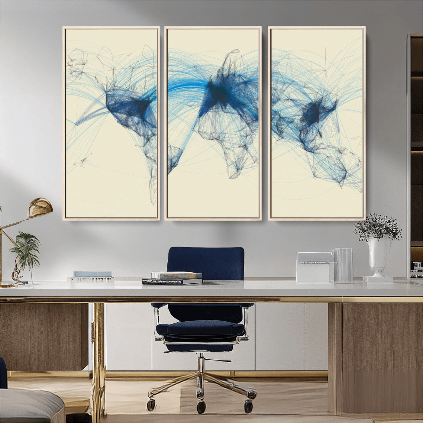 MGV-FC-48X32-3P - Flight Routes Map art Air Traffic Avi World Map with Blue Connections Canvas Wall Art – Modern