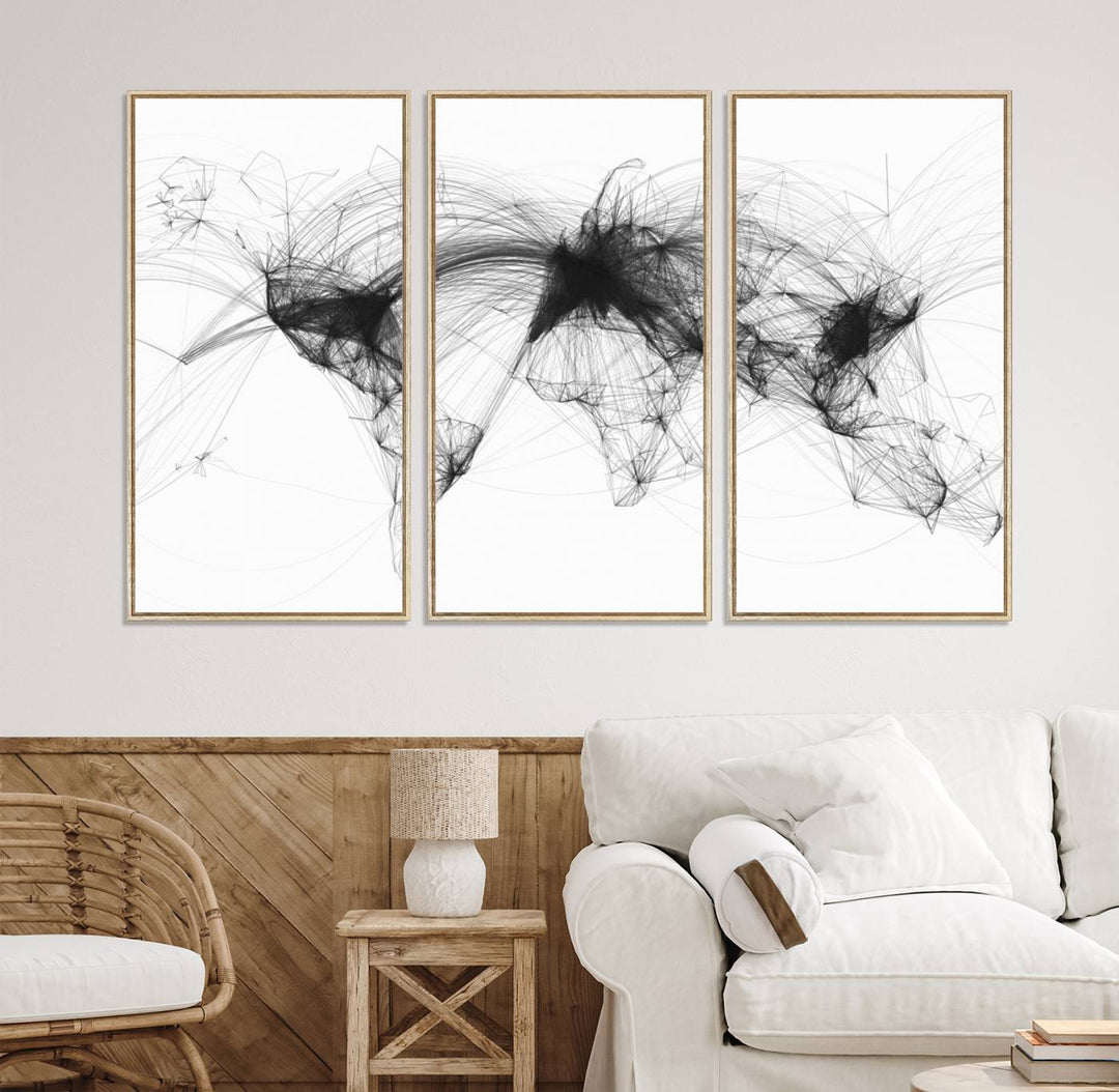 The Flight Routes Air Traffic canvas wall art, framed and ready to hang, is perfect for aviation enthusiasts.