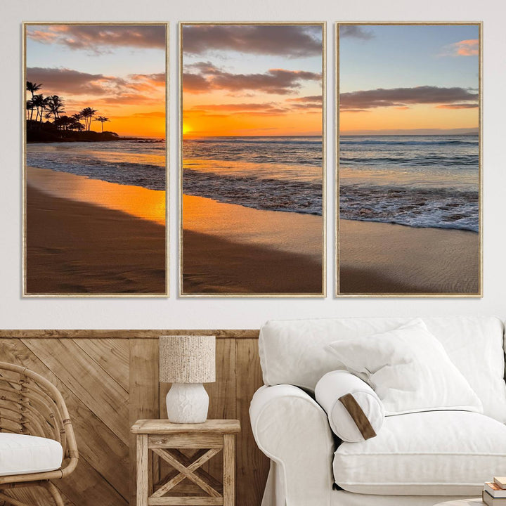 Sunset Wall Art Print featuring a beach sunset with waves and palms, perfect for coastal decor.