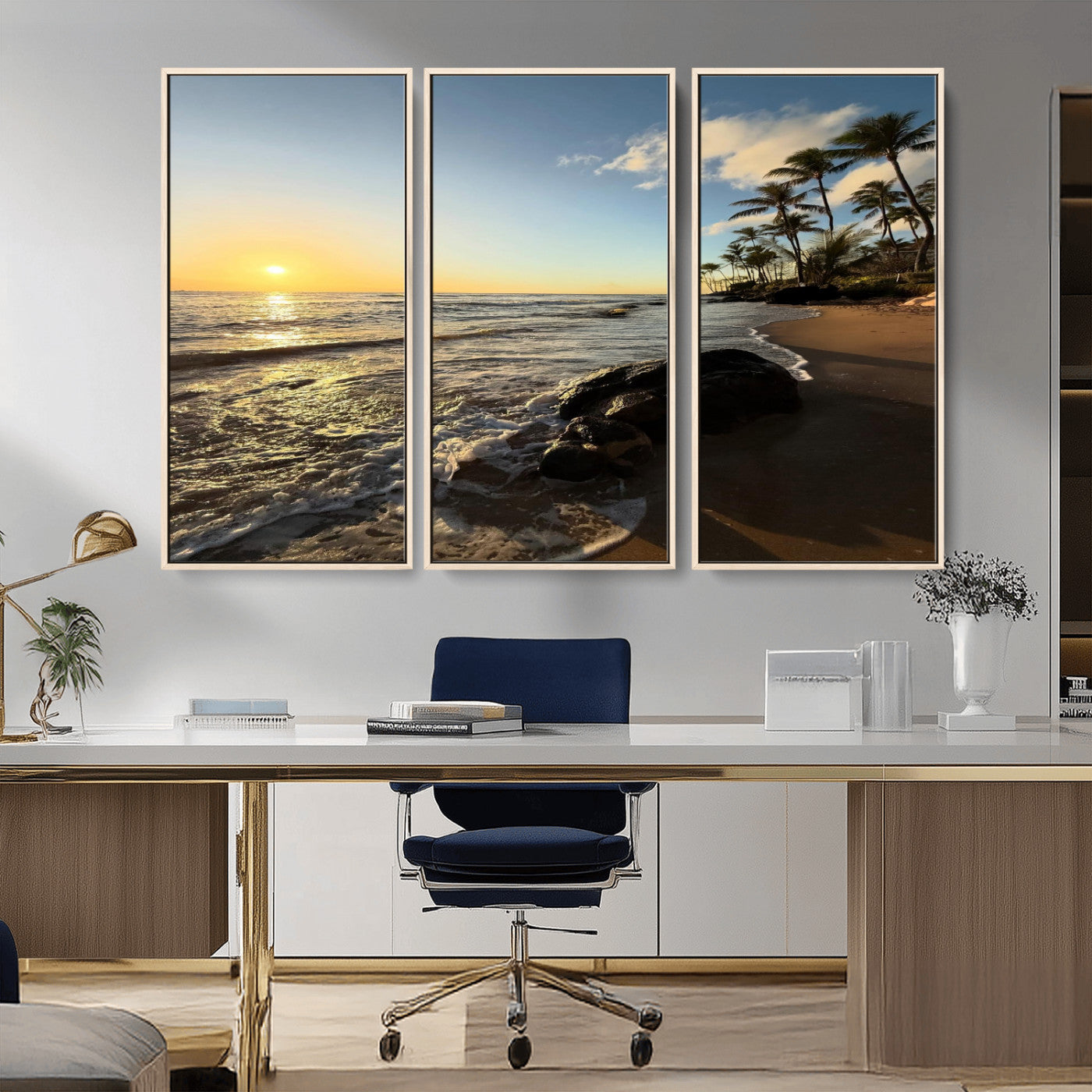 MGV-FC-48X32-3P - Tropical Beach Wall Art - Stunning Ocean Sunset Canvas Print with Palm Tree Design for Relaxing and