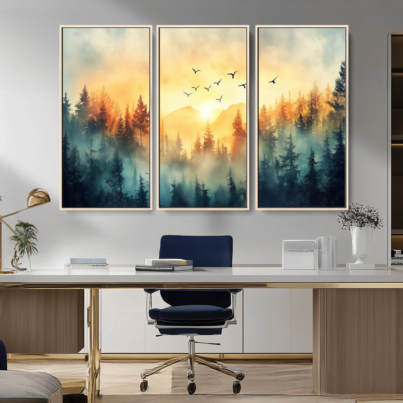 MGV-FC-48X32-3P - Abstract Forest Wall Art Print- Serene Nature Canvas Print with Misty Forest Design for Modern Home