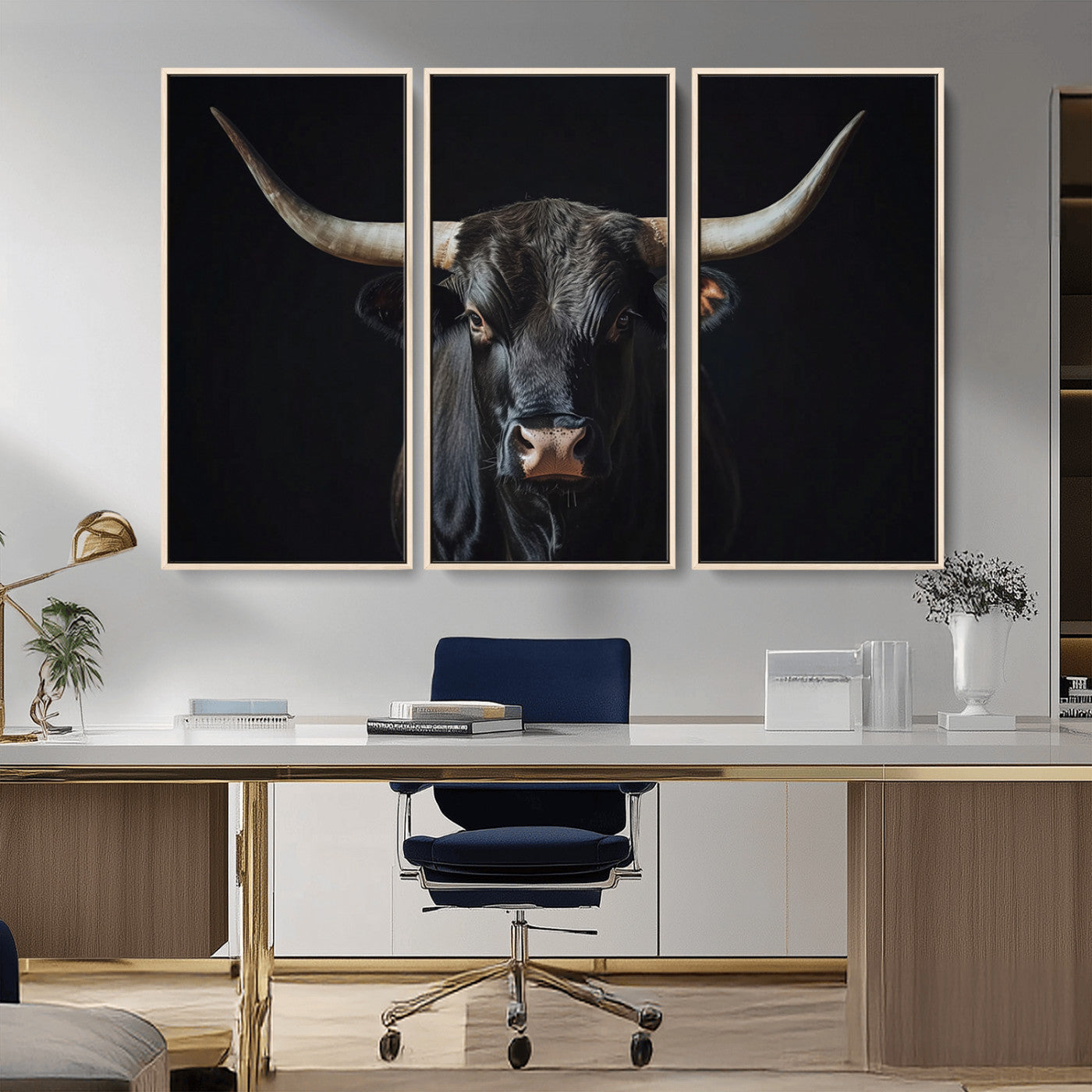 Canvas of a black longhorn bull against a dark background, featuring moody tones and western character for rustic or cowboy-inspired spaces.