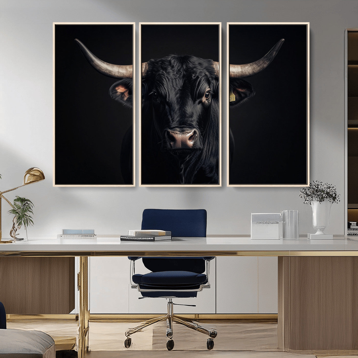 Canvas featuring a black horned bull in moody lighting on a dark background, perfect for western or rustic farmhouse-style home decor.