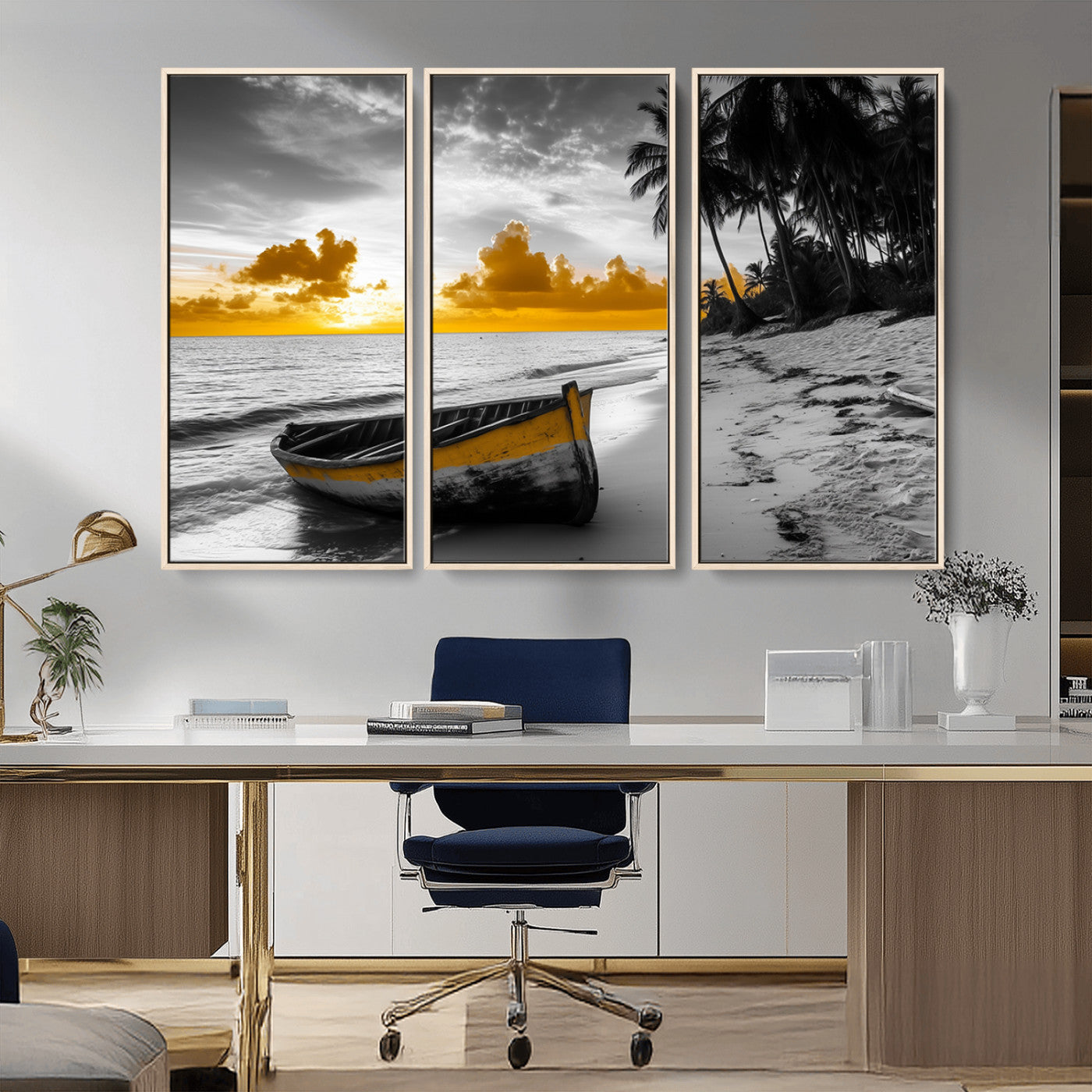 Canvas of a yellow rowboat on a black and white tropical beach with golden sunset sky, ideal for coastal or tropical-themed home decor.
