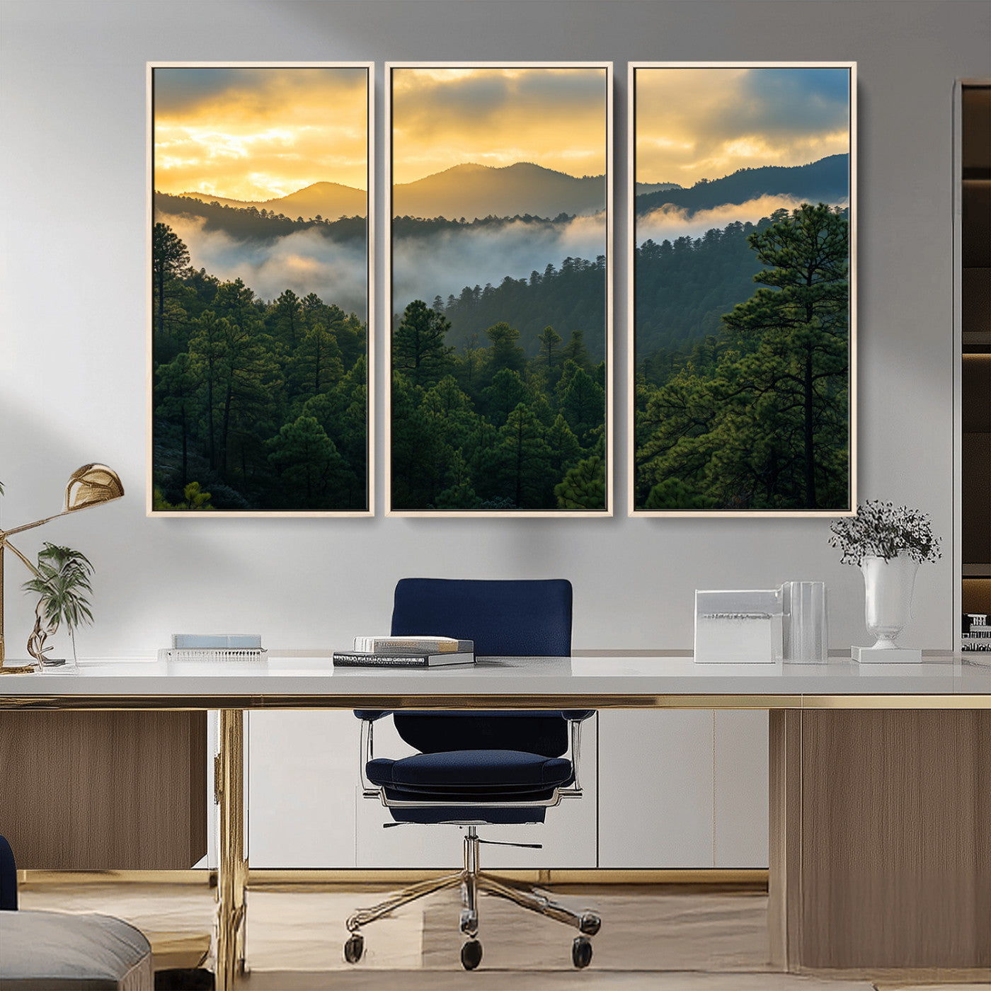 Canvas of misty pine-covered mountains at sunrise, featuring golden light and fog layers, ideal for tranquil earthy home decor.