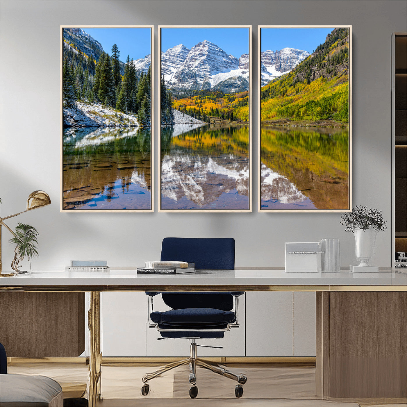 Canvas of Maroon Bells reflected in a clear alpine lake, with golden aspens and snowy peaks, ideal for crisp autumn or mountain-themed decor.