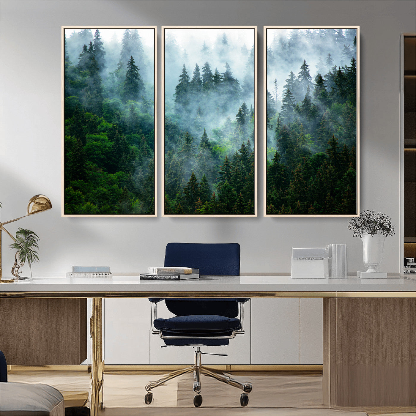 A captivating view of a dense pine forest blanketed in drifting fog, evoking a mystical and tranquil atmosphere.