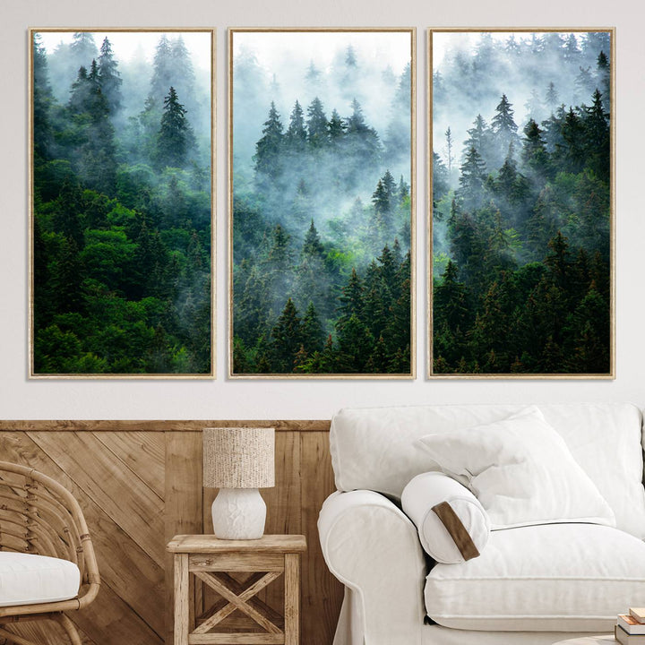 Misty Forest Art Wall Art Canvas Print, Foggy Mountain Art Print, Framed Scenic Wall Print Art Print, Large Woodland Canvas Printing Perfect for  Decor