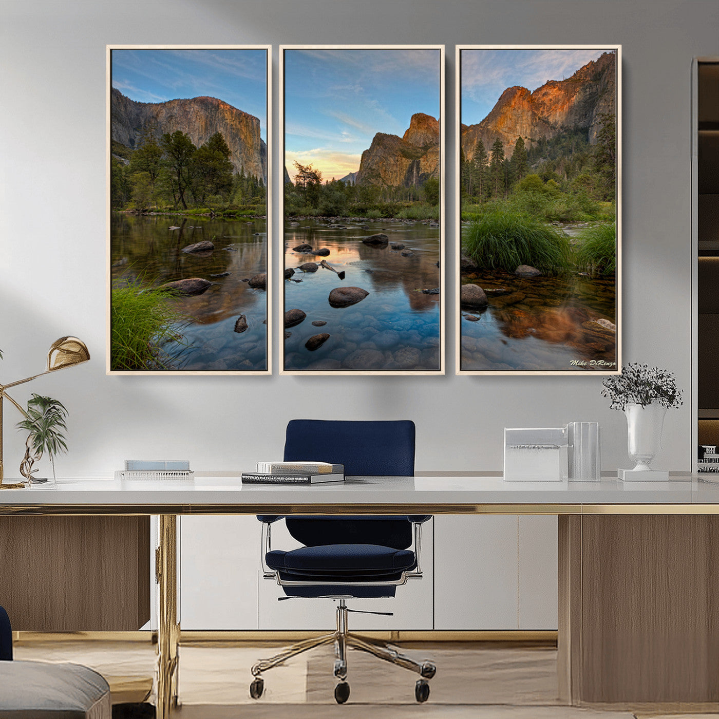 Canvas of Yosemite Valley with El Capitan and sunset reflections in a calm river, perfect for rustic or nature-themed décor.