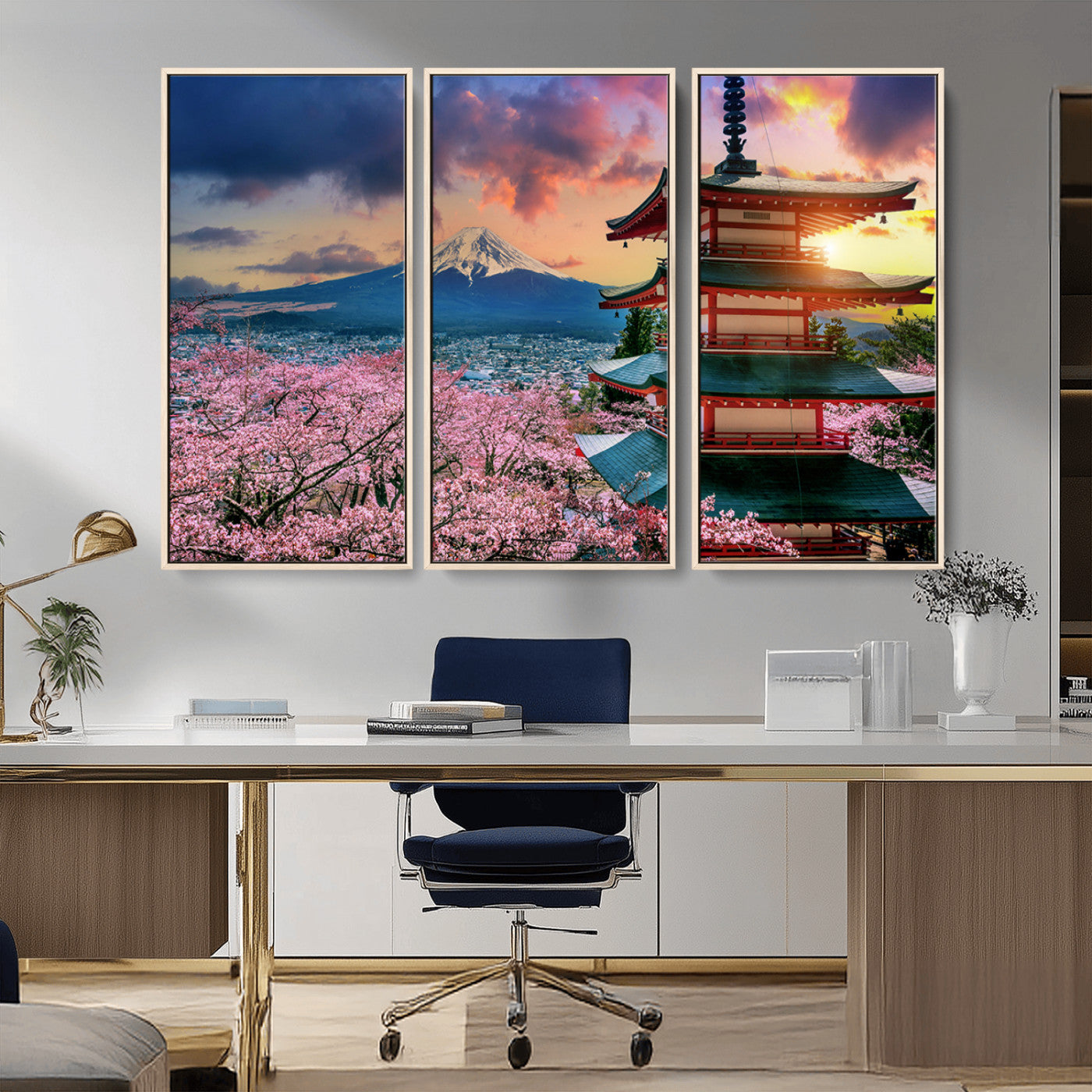 MGV-FC-48X32-3P - Mount Fuji & Cherry Blossom Wall Art Canvas Print – Iconic Japanese Landscape, Sakura Pagoda Sunset,