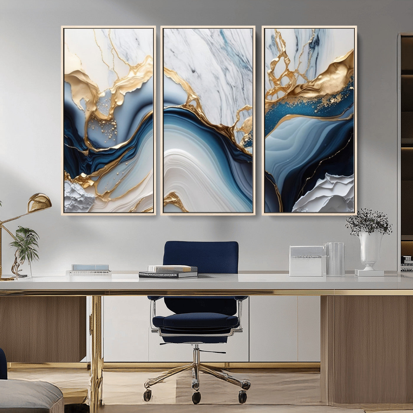 Abstract canvas with blue marble textures and flowing gold veins, ideal for modern luxury or coastal-inspired interior decor.